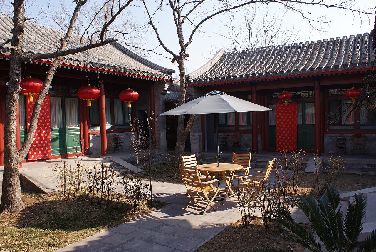 A traditional Beijing hotel courtyard with red lanterns